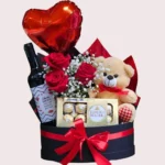 Box Presente Romântico com Rosas, Vinho, Chocolate e Urso