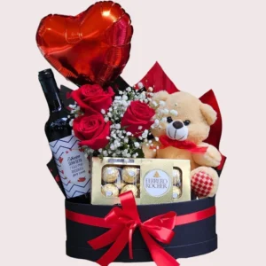 Box Presente Romântico com Rosas, Vinho, Chocolate e Urso