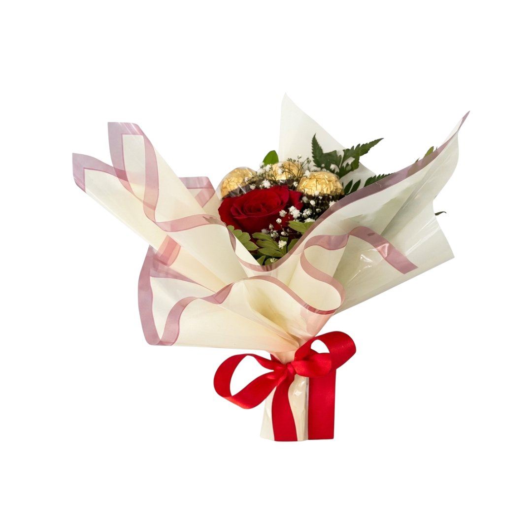 Arranjo Floral com 1 Rosa Gipsofila e Chocolate 2