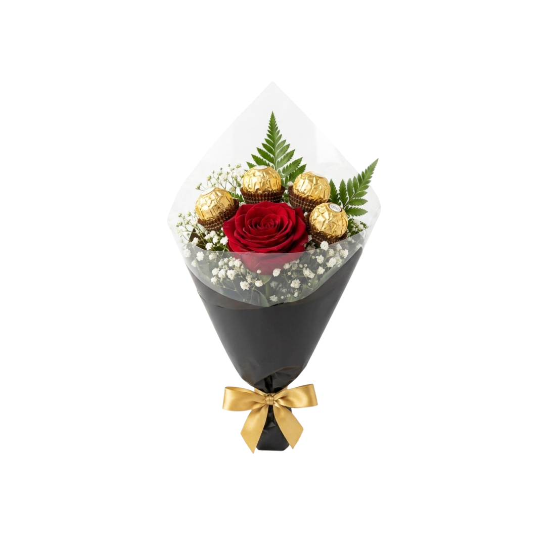 Arranjo Floral com 1 Rosa Gipsofila e Chocolate 3