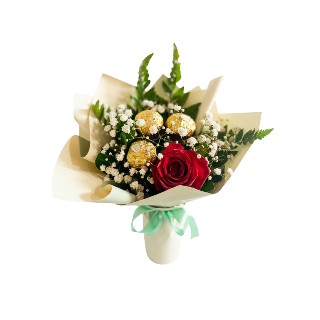 Arranjo Floral com 1 Rosa Gipsofila e Chocolate