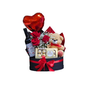 Box Presente Romântico com Rosas, Vinho, Chocolate e Urso