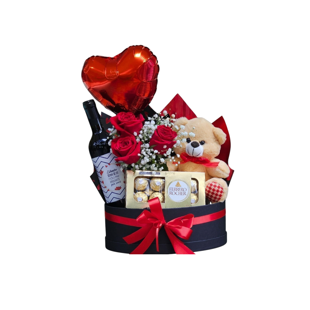 Box Presente Romântico com Rosas, Vinho, Chocolate e Urso